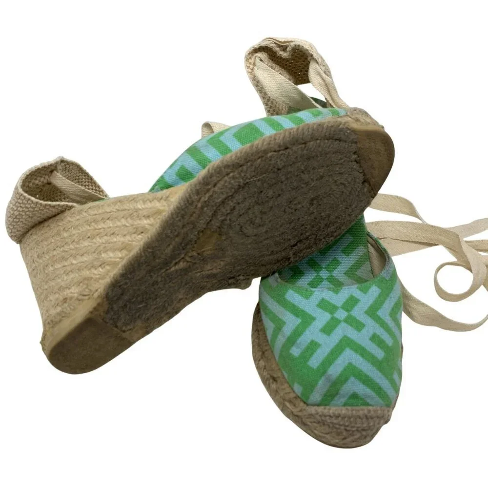 Tory Burch Green Patterned Espadrille Wedge Lace Up Sandals Size 8 Canvas Jute